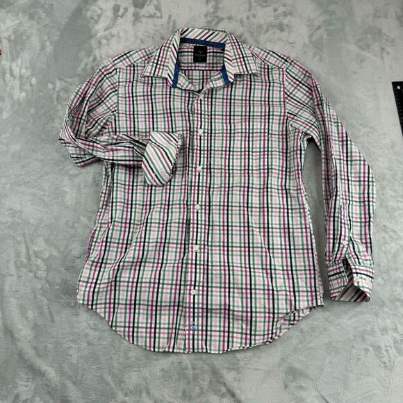 Tailorbyrd Shirt Mens Medium Pink Green Plaid Flip Cuff Button‎ Up Pocket - Picture 3 of 13